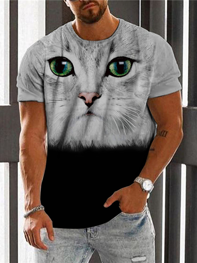  Men's T shirt Tee Designer Summer Short Sleeve Cat Graphic Print Crew Neck Daily Holiday Print Clothing Clothes Designer Casual Big and Tall Gray