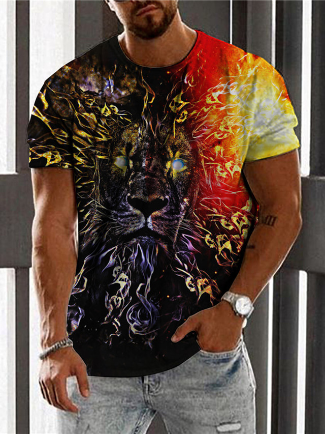  男性用 Tシャツ デザイナー 夏 半袖 グラフィック ライオン プリント クルーネック 日常 祝日 プリント 服装 デザイナー カジュアル 大きくて背が高い オレンジ