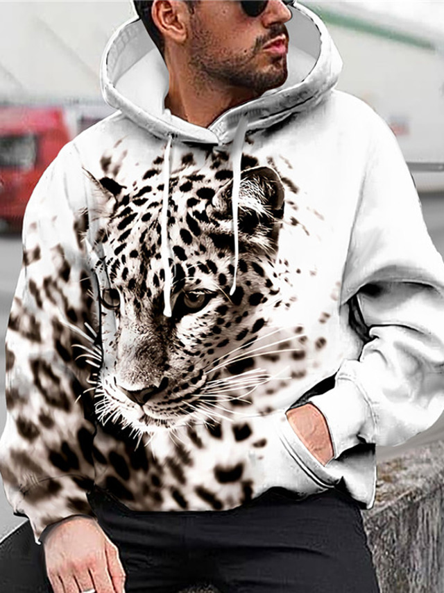  Herr Hoodie-tröja Mönster Designer Ledigt Stor och hög Grafisk Djur Leopard Svartvit Vit Ljusbrun Tryck Huva Dagligen Sport Långärmad Kläder Kläder Normal
