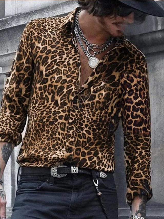  Herr Skjorta Leopard Klassisk krage Svart Rodnande Rosa Blå Brun Grön Andra tryck Gata Ledigt Långärmad Mönster Kläder Mode Designer Affär Ledigt