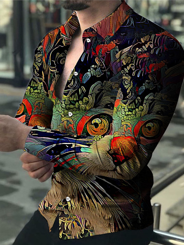  Voor heren Overhemd Print Kat Grafisch dier Strijkijzer Straat Casual Button-omlaag Afdrukken Lange mouw Tops Ontwerper Casual Modieus Ademend Zwart / Zomer