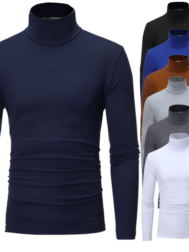  Camiseta masculina de cor pura blusa de gola alta térmica manga longa básica casual baselayers conforto slim fit blusa tops blusa para outono azul marinho