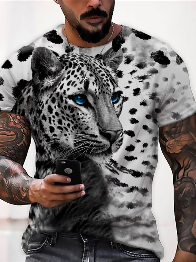  Men's T shirt Tee Designer Summer Short Sleeve Graphic Leopard Animal Print Crew Neck Daily Holiday Print Clothing Clothes Designer Casual Big and Tall Gray
