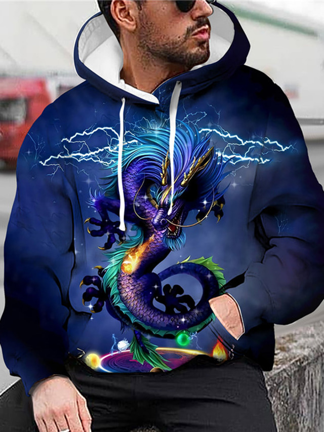  Men's Hoodie Sweatshirt Print Designer Casual Big and Tall Graphic Dragon Graphic Prints Blue Print Hooded Daily Sports Long Sleeve Clothing Clothes Regular Fit