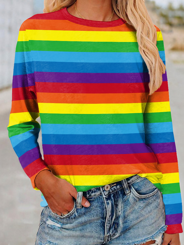  Women's T shirt Tee Designer 3D Print Rainbow Striped 3D Design Long Sleeve Round Neck Holiday Print Clothing Clothes Designer Basic Blue Red