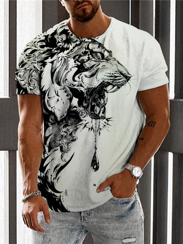  Men's T shirt Tee Designer Summer Short Sleeve Graphic Tiger Print Crew Neck Daily Holiday Print Clothing Clothes Designer Casual Big and Tall White