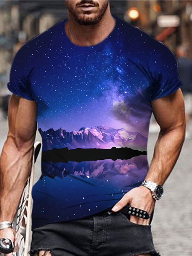  Men's T shirt Tee Designer Summer Short Sleeve Galaxy Graphic Landscape Print Crew Neck Daily Holiday Print Clothing Clothes Designer Casual Big and Tall Blue