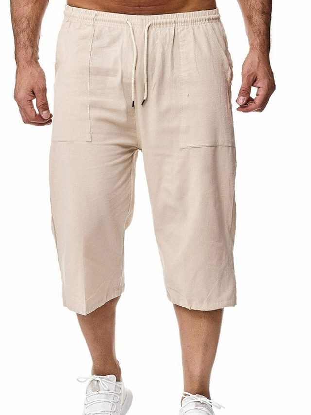  casual capri-shorts for menn 3/4 løs passform under kneet kort pustende myk bukse bomull sport utendørs ensfarget legglange bukser med snøring med snøring elastisk midje blå khaki grønn svart