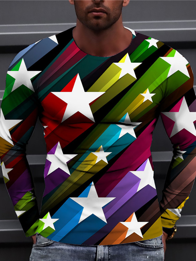  Men's T shirt Tee Designer 1950s Long Sleeve Graphic Prints Star Print Crew Neck Daily Holiday Print Clothing Clothes Designer 1950s Casual Rainbow
