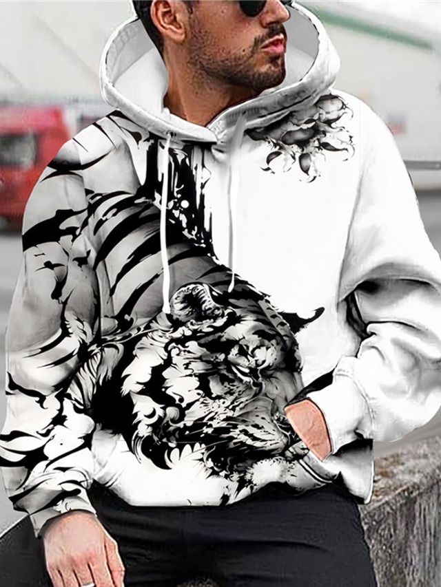  Men's Hoodie Sweatshirt Print Designer Casual Big and Tall Graphic Tiger Graphic Prints White Print Hooded Daily Sports Long Sleeve Clothing Clothes Regular Fit