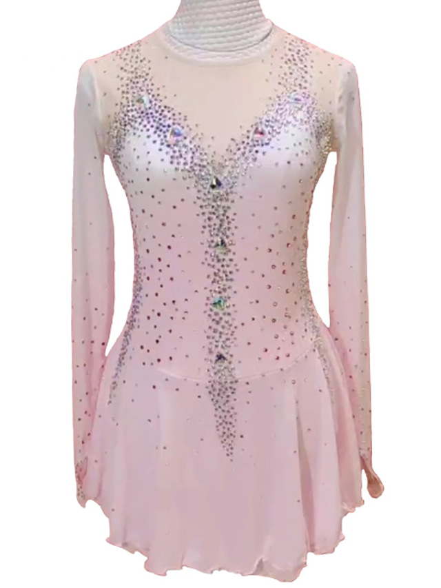  Figure Skating Dress Women's Girls' Ice Skating Dress Outfits Pink Mesh Spandex High Elasticity Competition Skating Wear Handmade Crystal / Rhinestone Long Sleeve Ice Skating Figure Skating / Winter