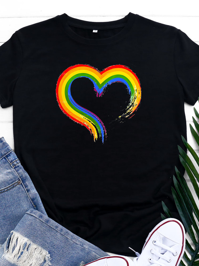  Women's T shirt Tee Designer Hot Stamping Rainbow Graphic Heart Design Short Sleeve Round Neck Home Daily Print Clothing Clothes Designer Basic Vintage Green Black Blue
