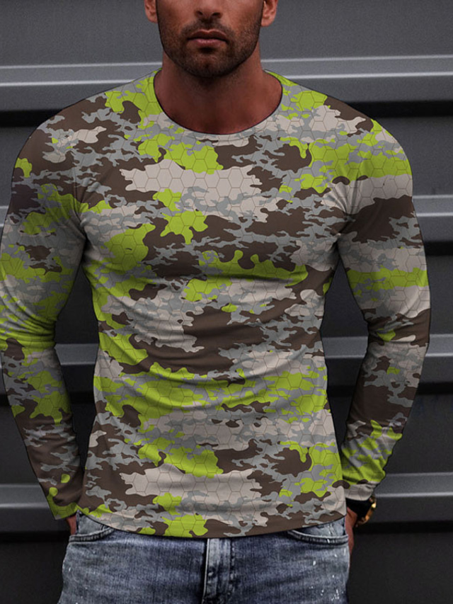  Men's T shirt Tee 1950s Casual Classic Long Sleeve Green Graphic Prints Camo / Camouflage Print Crew Neck Street Casual Print Clothing Clothes 1950s Casual Classic