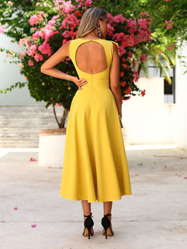  A-line koktejlové šaty elegantní šaty svatební host návrat domů délka do kotníků bez rukávů výstřih podzimní svatební host elastická tkanina s volánky čisté barevné šaty