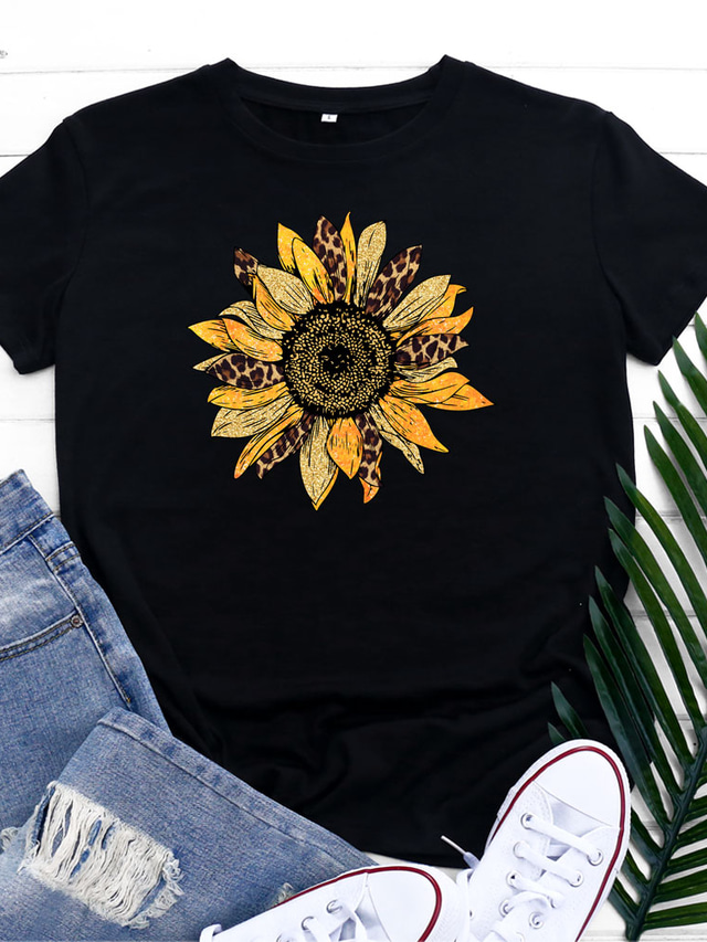  Naisten T-paita Suunnittelija Kuuma leimaaminen Kukka Leopardi Sunflower-valoefekti Lyhythihainen Pyöreä kaula-aukko Päivittäin Viikonloppu Painettu Vaatteet Vaatteet Suunnittelija Perus Apila