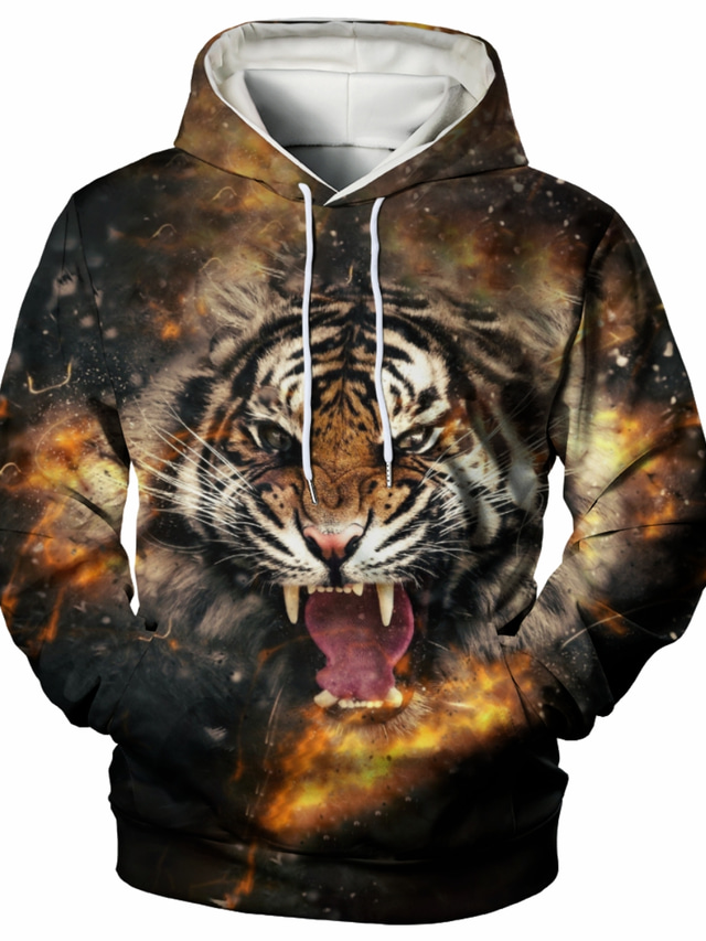  Men's Hoodie Sweatshirt Designer Casual Graphic Animal Tiger Black Print Plus Size Hooded Casual Daily Weekend Long Sleeve Clothing Clothes Regular Fit