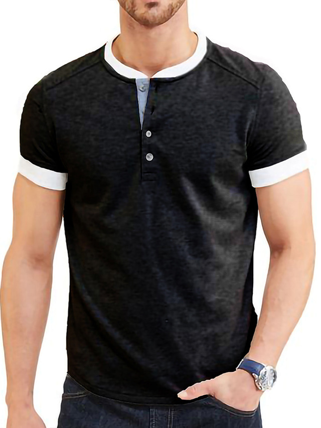  Hombre Camiseta Bloque de color Escote Redondo Medio Primavera verano Azul Piscina Negro Gris