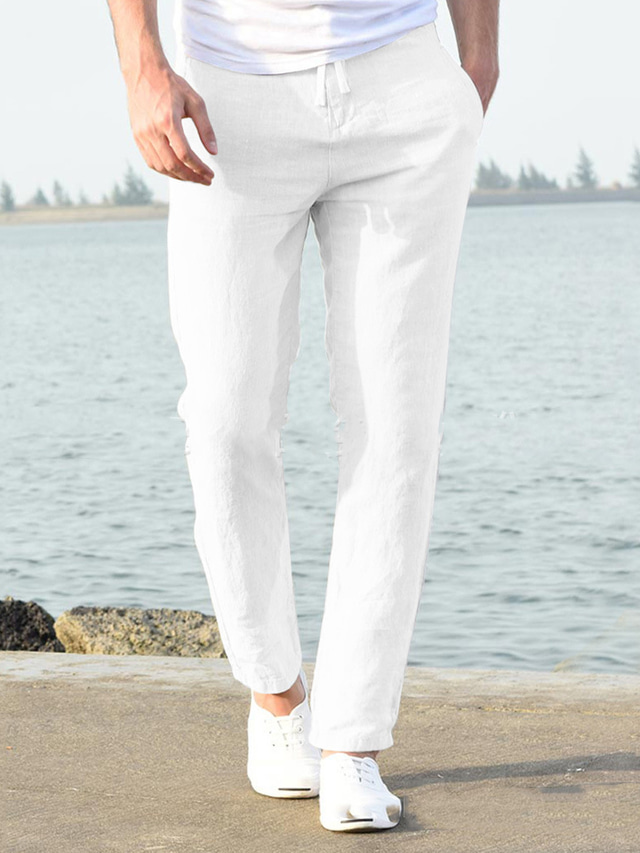  Муж. Льняные брюки Пляжные штаны Черный Белый Синий M L XL