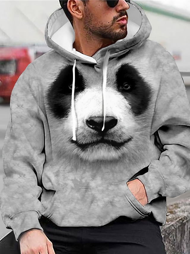  Men's Hoodie Sweatshirt Print Designer Casual Big and Tall Graphic Panda Graphic Prints Gray Print Hooded Daily Sports Long Sleeve Clothing Clothes Regular Fit