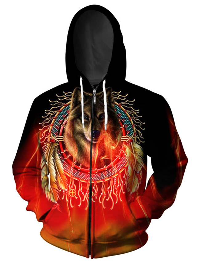  Men's Full Zip Hoodie Jacket Zipper Print Designer Casual Big and Tall Graphic Graphic Prints Wolf Print Hooded Daily Sports Long Sleeve Clothing Clothes Regular Fit Red