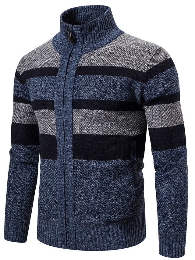  Men's Sweater Cardigan Knit Knitted Striped Stand Collar Stylish Casual Outdoor Sport Clothing Apparel Fall Winter Blue Camel M L XL / Long Sleeve / Long Sleeve