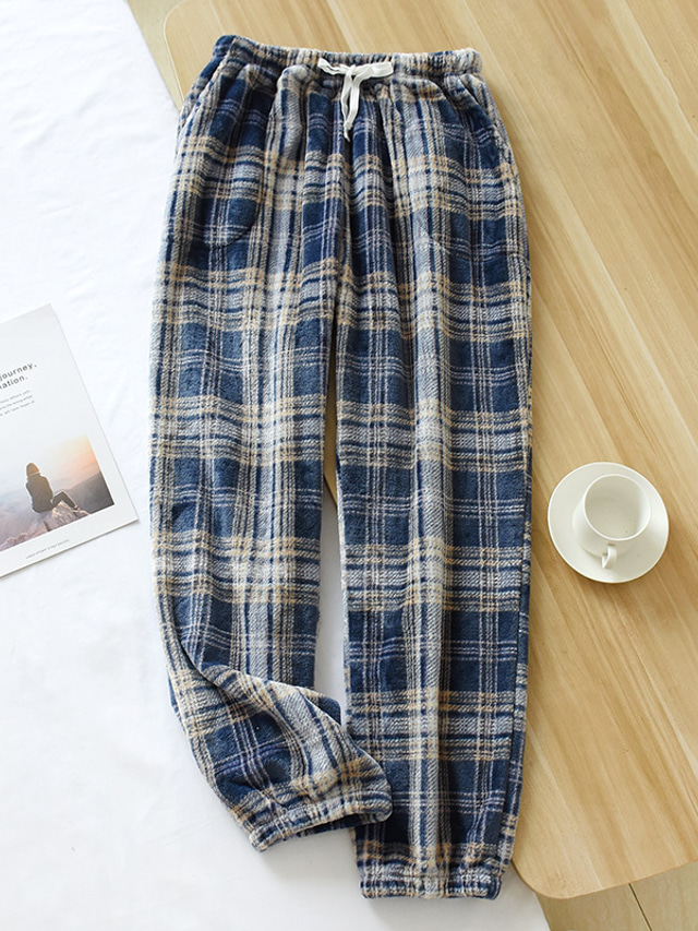  Men's Loungewear Flannel Pajama Pants Lounge Pants Grid / Plaid Simple Plush Home Daily Flannel Warm Breathable Long Pant Pant Elastic Waist Winter Green Blue