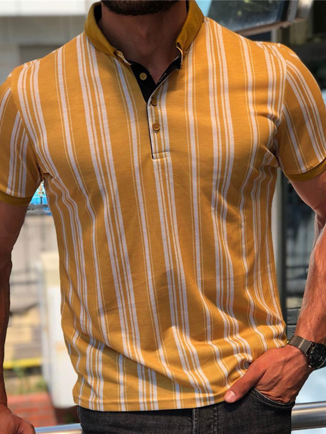  الرجال قميص الجولف مخطط كي عارضة اليومية طباعة زر أسفل طباعة قصيرة الأكمام قمم عارضة أزياء مريحة الرياضية الصفراء