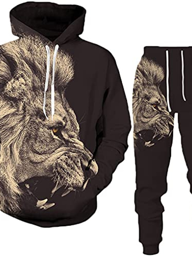  Unisex Two-Piece Tiger Beast 3D Hoodie Trousers Casual Sports Suit 5 2XL