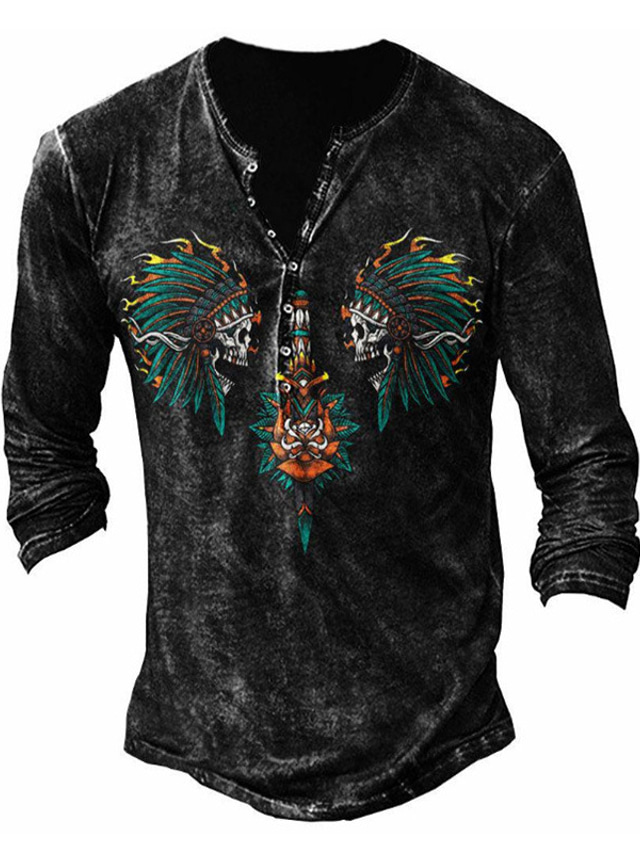  Men's Henley Shirt T shirt Tee Designer 1950s Long Sleeve Graphic Patterned Tribal Skull 3D Print Plus Size Henley Street Casual Button-Down Print Clothing Clothes Designer Basic 1950s Green / Black