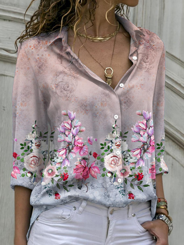  Women's Floral Theme Blouse Shirt Floral Graphic Button Print Shirt Collar Casual Streetwear Tops Green Purple Pink / 3D Print