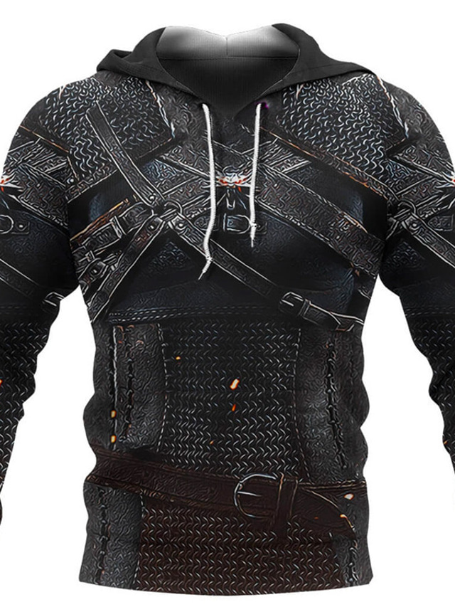  Men's Hoodie Pullover Hoodie Sweatshirt Black Hooded Graphic Tribal Armor Lace up Casual Daily Holiday 3D Print Sportswear Ethnic Casual Spring &  Fall Clothing Apparel Hoodies Sweatshirts  Long