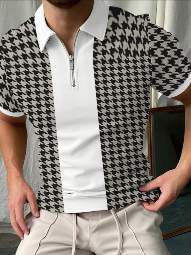  Herr POLO Shirt Zip Polo Golftröja Blixtlås Sport Mode Ledigt Sommar Kortärmad Svart Hundtandsmönster 3D-tryck Nedvikt Blixtlås Ledigt Dagligen Dragkedja Mönster Kläder Kläder Sport Mode Ledigt
