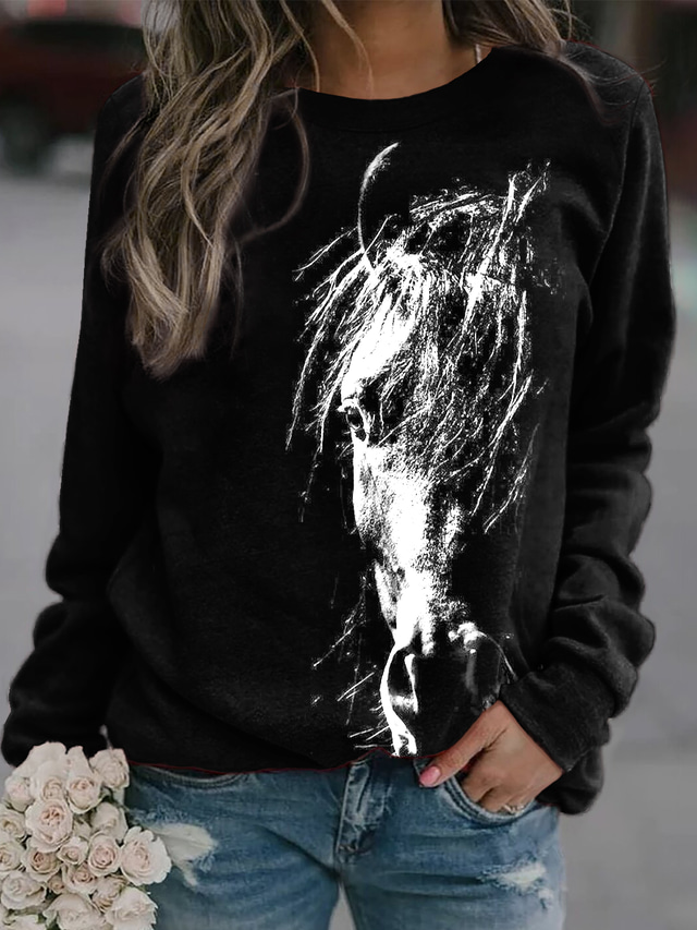  Women's Sweatshirt Pullover Horse Daily Sports Print Active Streetwear Round Neck Long Sleeve Without Lining Micro-elastic Fall & Winter Comfrt Breathable Soft Fabric