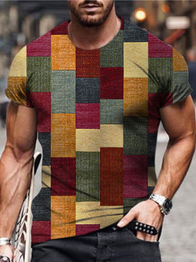  Men's T shirt Tee Designer Summer Short Sleeve Plaid Graphic Color Block Print Crew Neck Street Daily Print Clothing Clothes Designer Casual Big and Tall Red