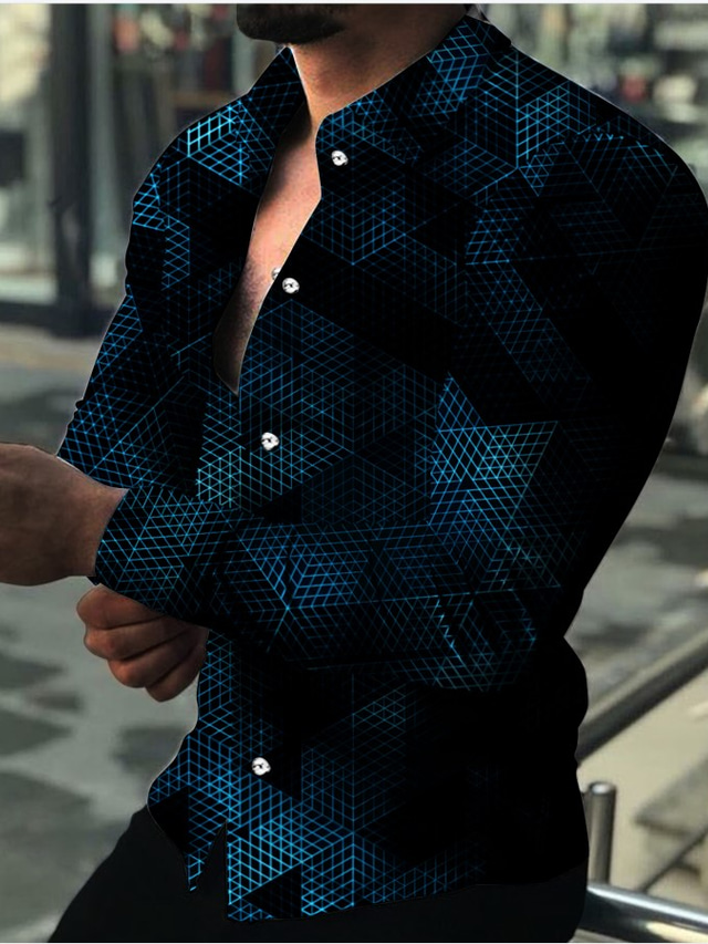  男性用 シャツ グラフィック 幾何学模様 折襟 イエロー ブルー グリーン プリント 日常 祝日 長袖 3Dプリント ボタンダウン 衣類 ファッション デザイナー カジュアル 高通気性