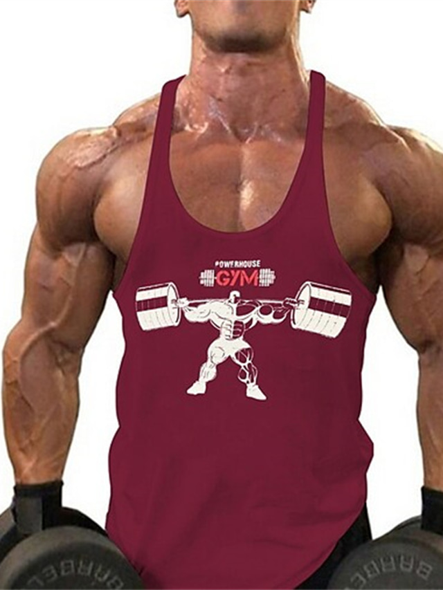  Men's Tank Top Shirt Letter Round Neck Sports Sleeveless Tops Cotton White Black Wine Gym Fitness T Shirt