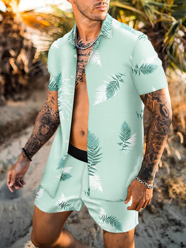  Men's Summer Hawaiian Shirt Summer Shirt Shirt Set Aloha Shirt Leaves Turndown Dark Green Green Gray 3D Print Outdoor Casual Short Sleeve 3D Print Button-Down Clothing Apparel Fashion Hawaiian Casual