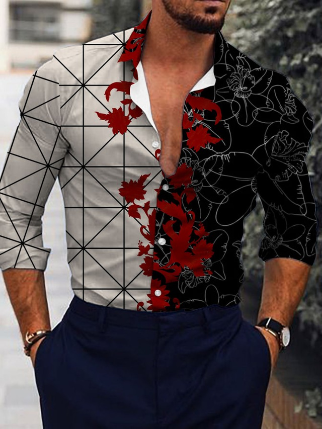  男性用 シャツ プリント フラワー グラフィック 折襟 日常 祝日 3Dプリント ボタンダウン 長袖 トップの デザイナー カジュアル ファッション ヴィンテージ ブラック