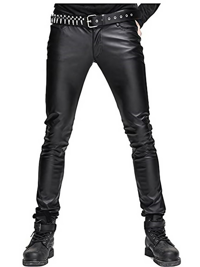  Men's Trousers Faux Leather Pants Stylish Solid Color Black 29 30 31