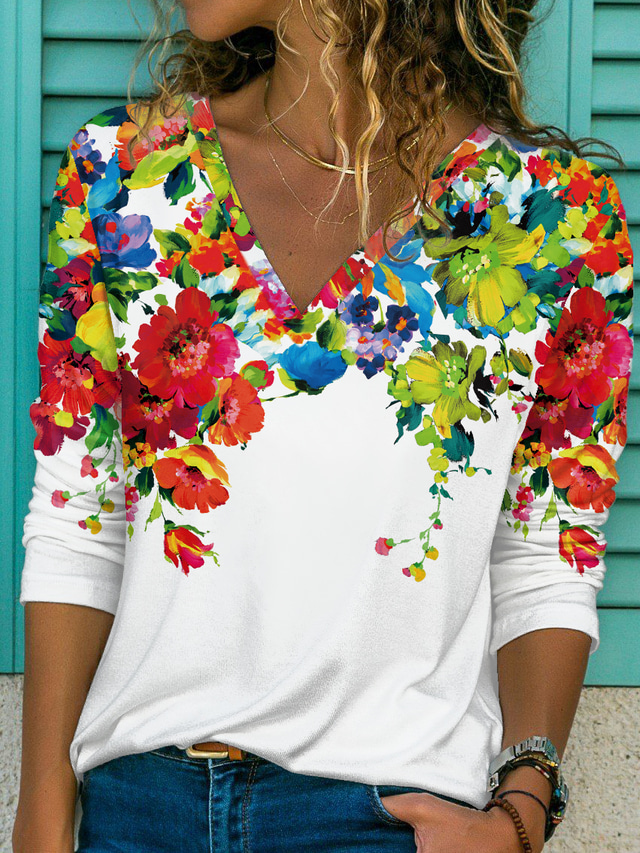 女性用 Tシャツ デザイナー 長袖 フラワー グラフィック 3Dプリント Ｖネック カジュアル 日常 プリント 服装 デザイナー ベーシック エレガント ホワイト