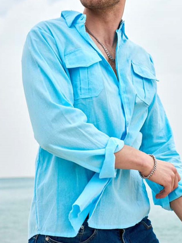  camisa de los hombres de color sólido turndown street casual con botones de manga larga tops moda casual transpirable cómodo azul verano camisas playa