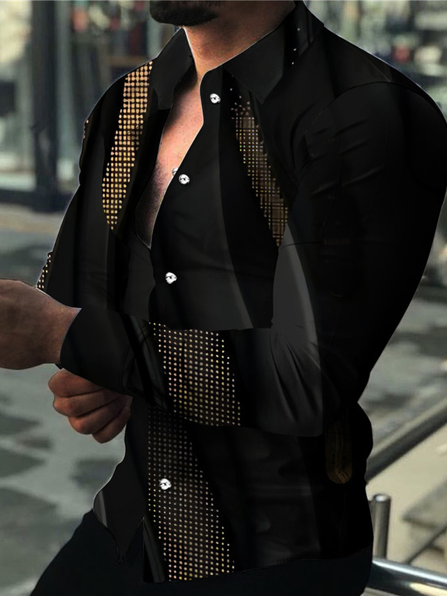 男性用 シャツ プリント グラフィック 3D印刷 折襟 日常 祝日 3Dプリント ボタンダウン 長袖 トップの デザイナー カジュアル ファッション 高通気性 ブラック