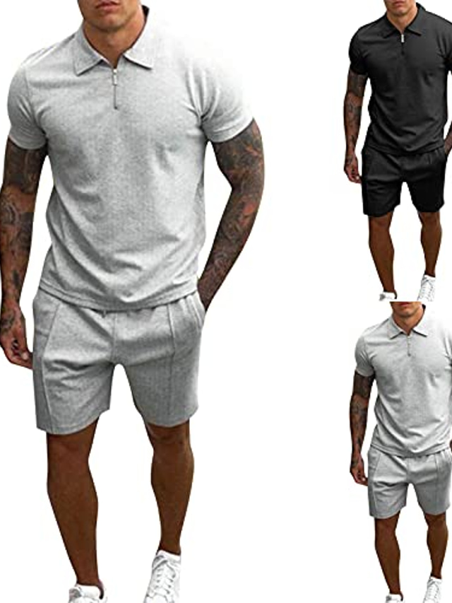  メンズサマースポーツ衣装半袖ターンダウンジップシャツ、スウェットパンツショーツソリッドアスレチック2ピースセットブラック
