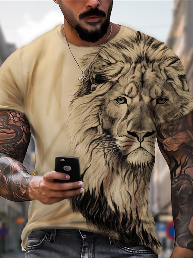  Men's T shirt Tee Designer Casual Big and Tall Summer Short Sleeve Black And White Khaki Graphic Lion Print Crew Neck Daily Holiday Print Clothing Clothes Designer Casual Big and Tall