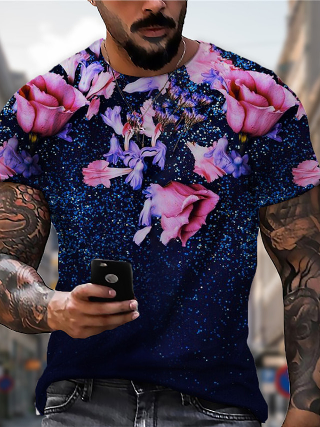  Men's T shirt Tee Designer Summer Short Sleeve Floral Graphic Print Crew Neck Daily Holiday Print Clothing Clothes Designer Casual Big and Tall Blue