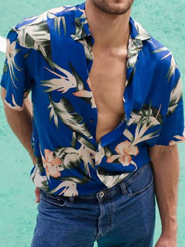  Men's Summer Hawaiian Shirt Shirt Other Prints Floral Turndown Casual Daily Print Short Sleeve Tops Designer Casual Fashion Comfortable Blue