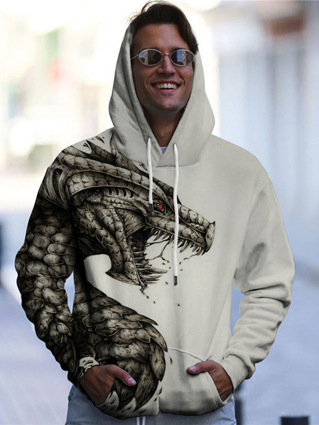  Men's Hoodie Sweatshirt Print Designer Casual Big and Tall Graphic Dragon Graphic Prints Gray Print Hooded Daily Sports Long Sleeve Clothing Clothes Regular Fit