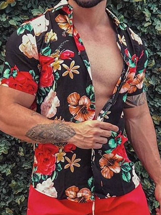  Herr Skjorta Hawaii skjorta Sommarskjorta Blommig Nedvikt Svartvit Svart Svart / Grön Andra tryck Ledigt Dagligen Kortärmad Mönster Kläder Sport Mode Designer Ledigt