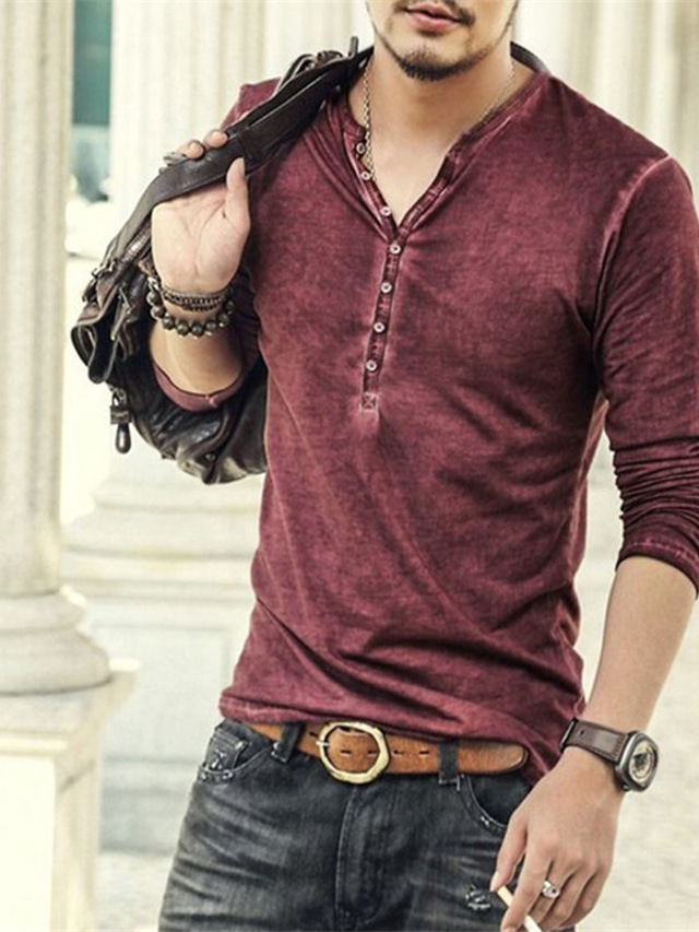  男性用 ヘンリーシャツ Tシャツ デザイナー 長袖 純色 プラスサイズ ヘンリー ストリート カジュアル ボタンダウン 服装 デザイナー ベーシック 1950年代風 グリーン ブラック ブルー