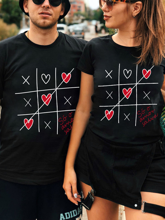 Mujer Tops a juego Camiseta Design Estampado en caliente Graphic Corazón Diseño Manga Corta Escote Redondo Casual San Valentín Estampado ropa Design Básico Blanco Negro
